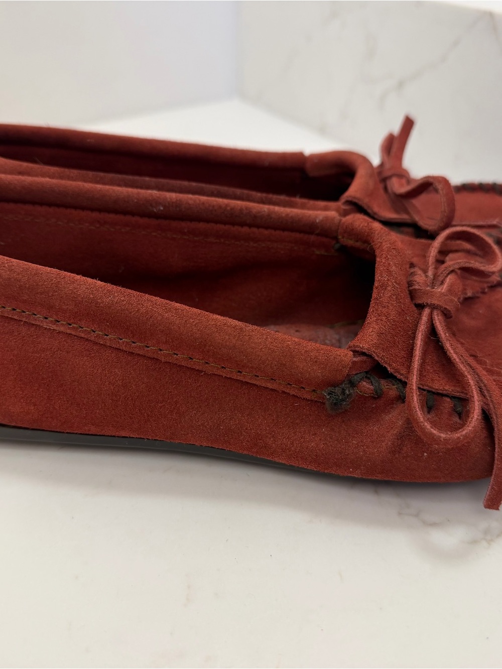 Minnetonka Suede Tassel Moccasin Loafers in Rust - Picture 2 of 5